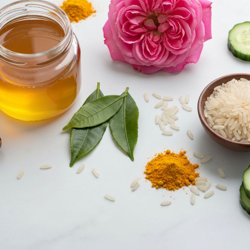 Natural Korean skincare ingredients - honey, green tea, rice, rose petals